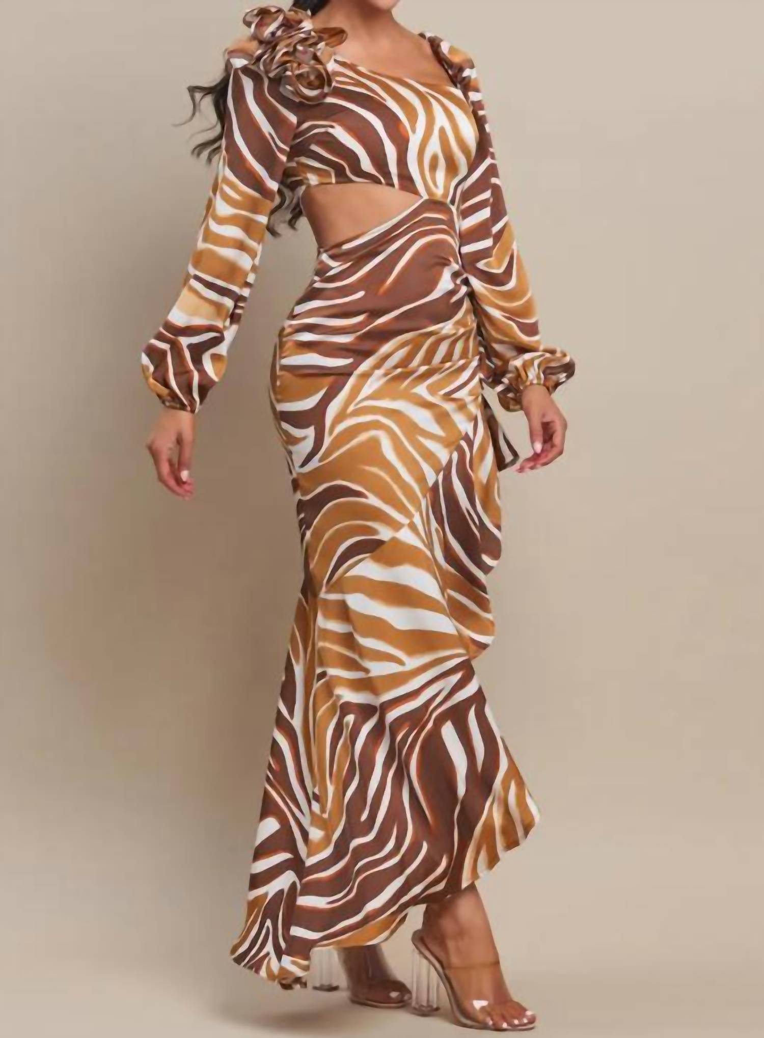The Sang - Long Sleeve Diagonal Ruffle Maxi Dress