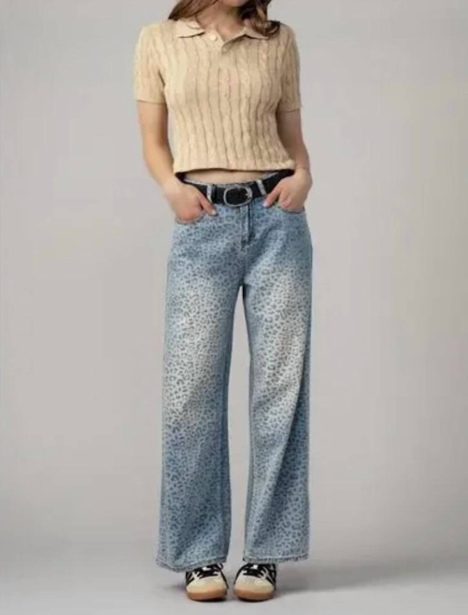 Urban Daizy - Women's Leopard Print Wide Leg Denim Pants