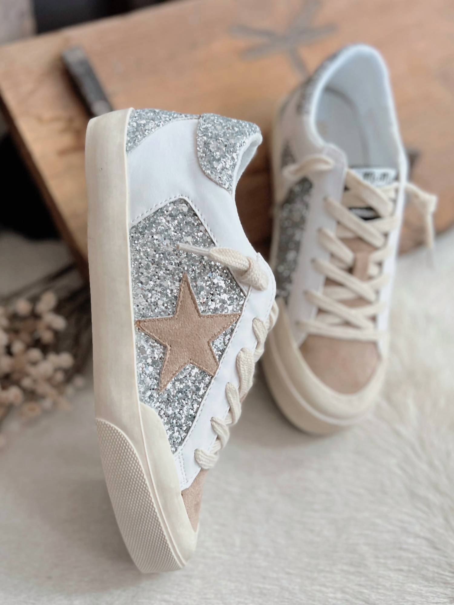 MiiM Women's Lace-up Glitter Leather Star Sneakers in taupe - women's sneaker