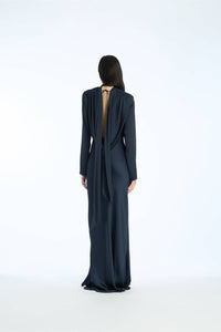 ROTATE Satin Maxi Drapy Dress in sky captain dark blue - women's dress - detail view