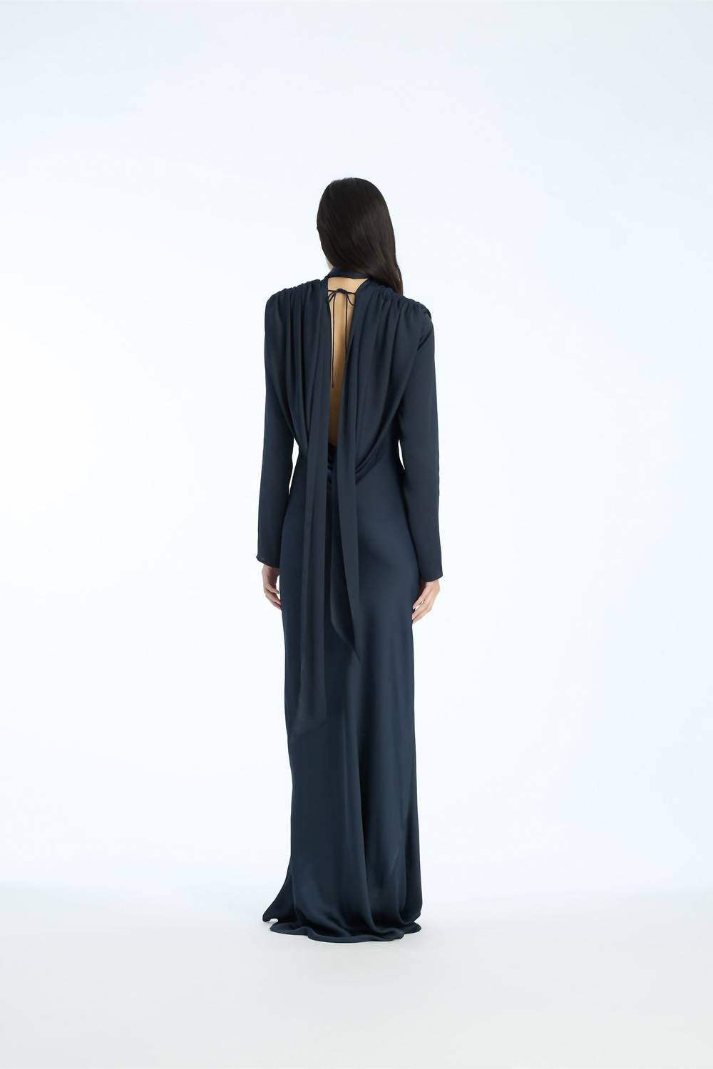ROTATE Satin Maxi Drapy Dress in sky captain dark blue - women's dress - detail view