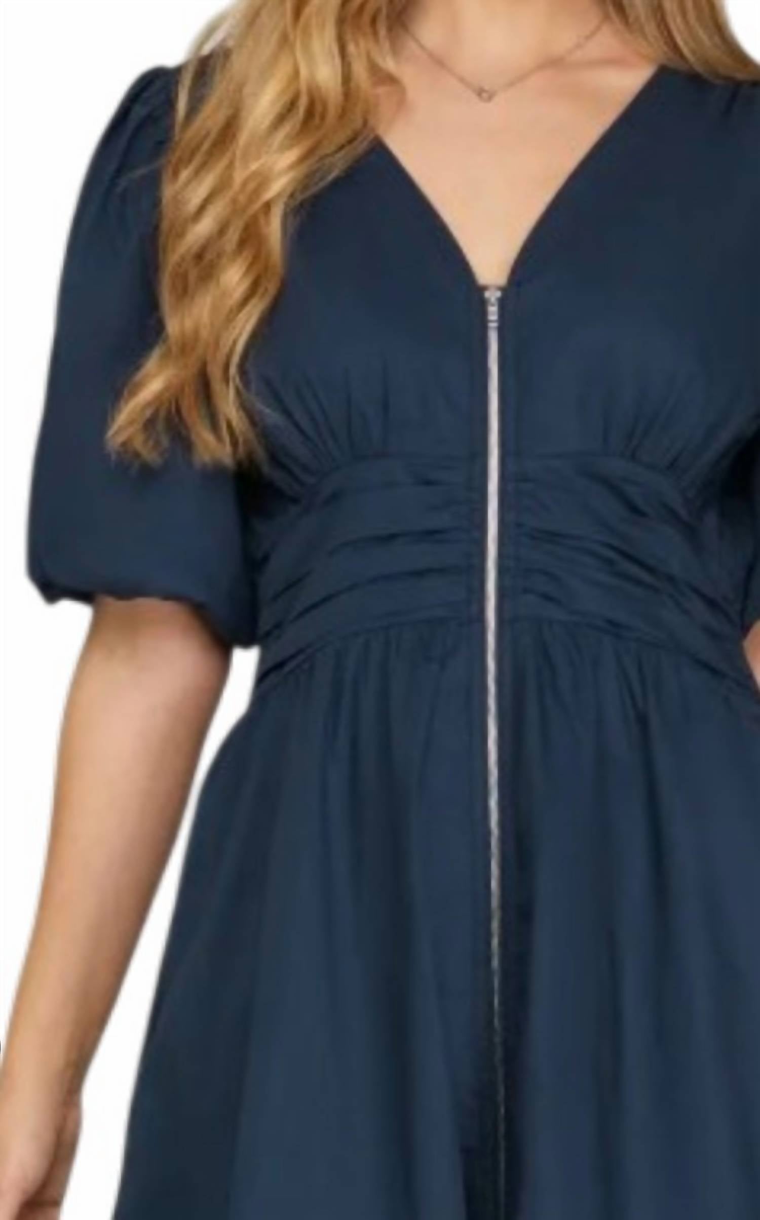 She + Sky - Bubble Sleeve Front Zip Midi Dress With Pockets