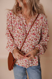Shewin - Floral Print Pleated Detail Notched Neck Puff Sleeve Blouse