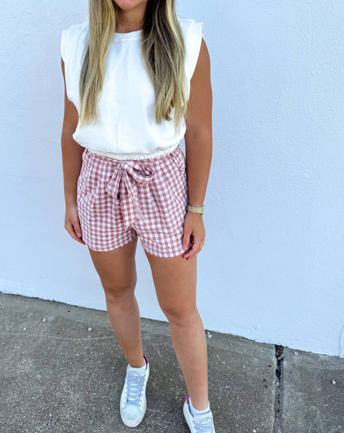Davi & Dani - High Waist Checkered Paperbag Shorts