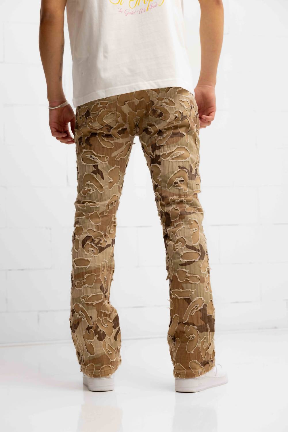 Amicci Franco Camo Shredded Denim Flare Jeans in sand - men's jeans - view 5