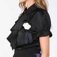 Beulahstyle - Desiree Ruffle And Rose Accent Satin Blouse