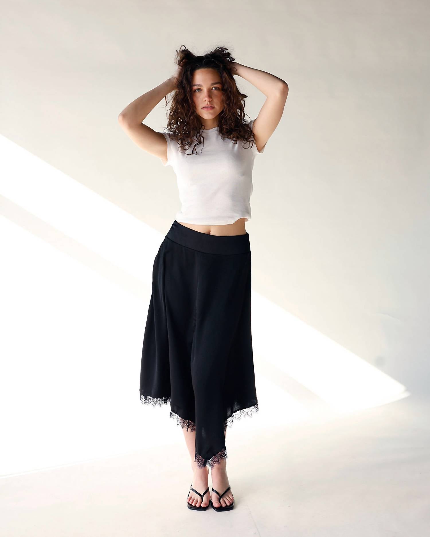 Sundayup - Lola Asymmetric Lace Trim Midi Skirt