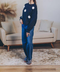 WISHLIST 3d Flower Knit Sweater in navy cream hoc winter - women's sweater - detail view