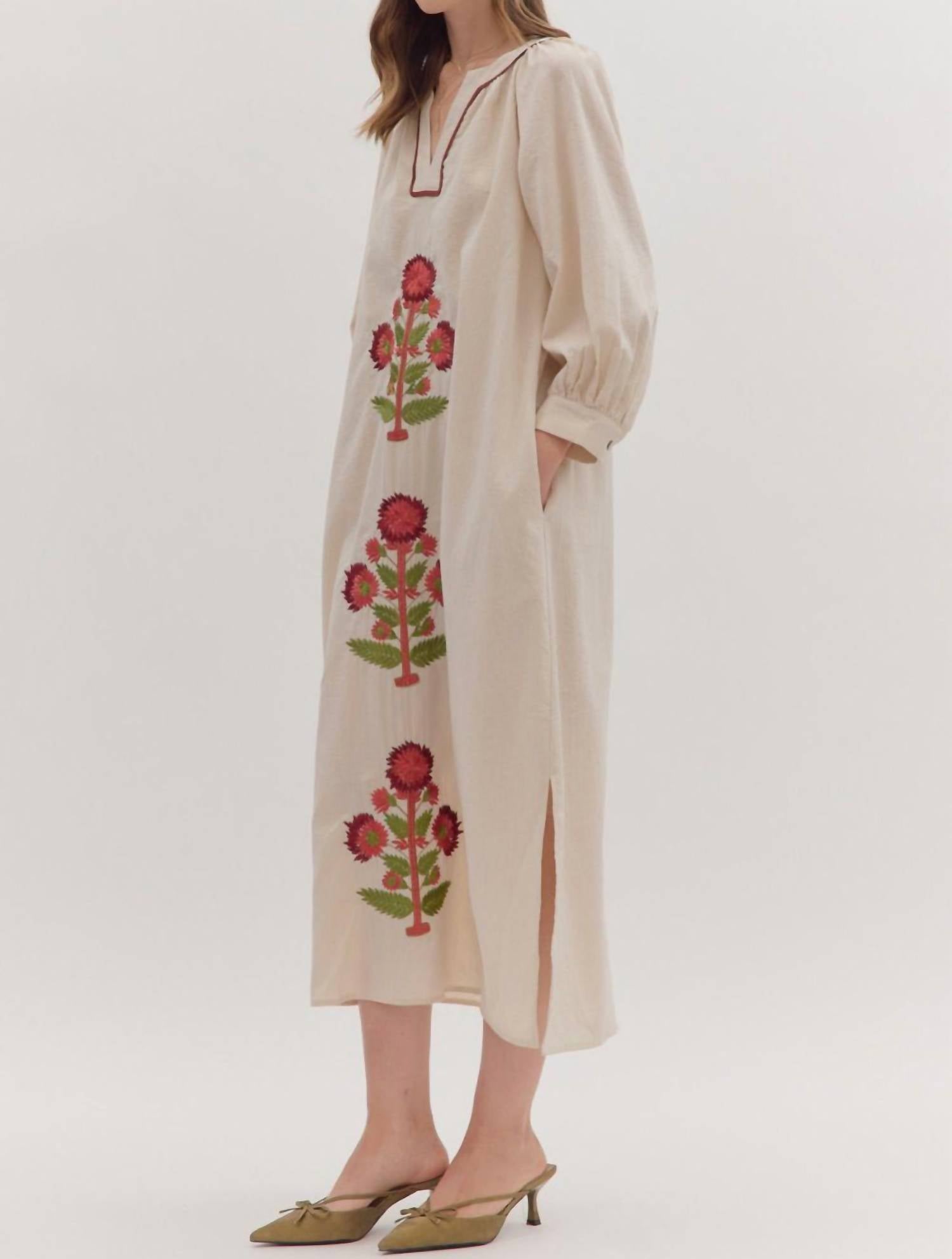 Entro - Embroidered Floral Long Sleeve Maxi Dress
