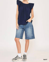 Umgee - Flutter Sleeve Pleated Crew Neck Blouse