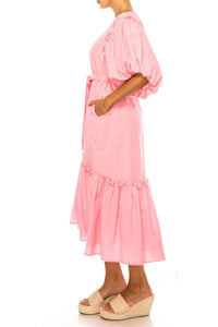Vivid - Short Puff Sleeve Belted Tiered Skirt Dress