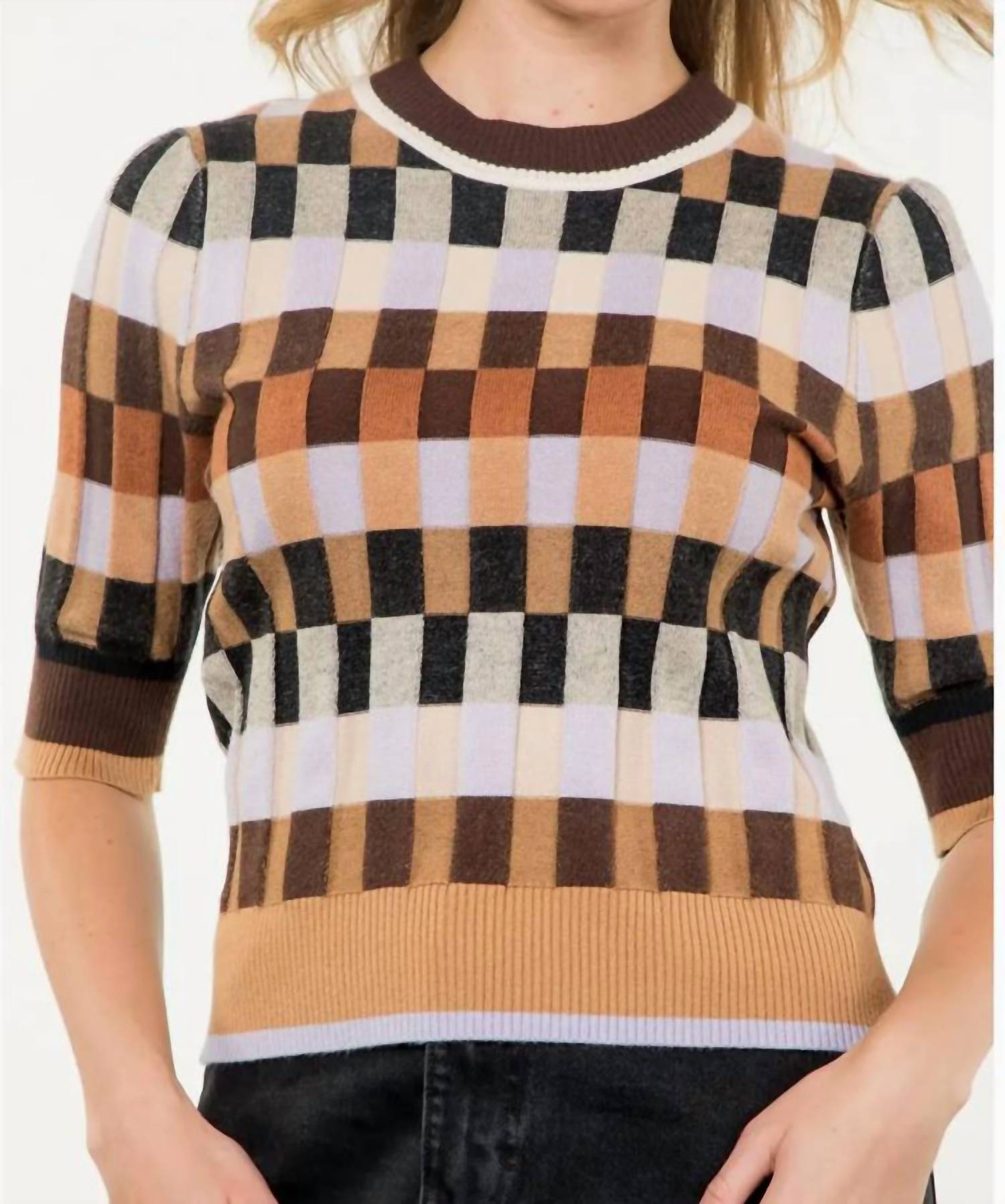THML Autumn Textured Knit Sweater Top in brown multi - women's sweater - alternate view