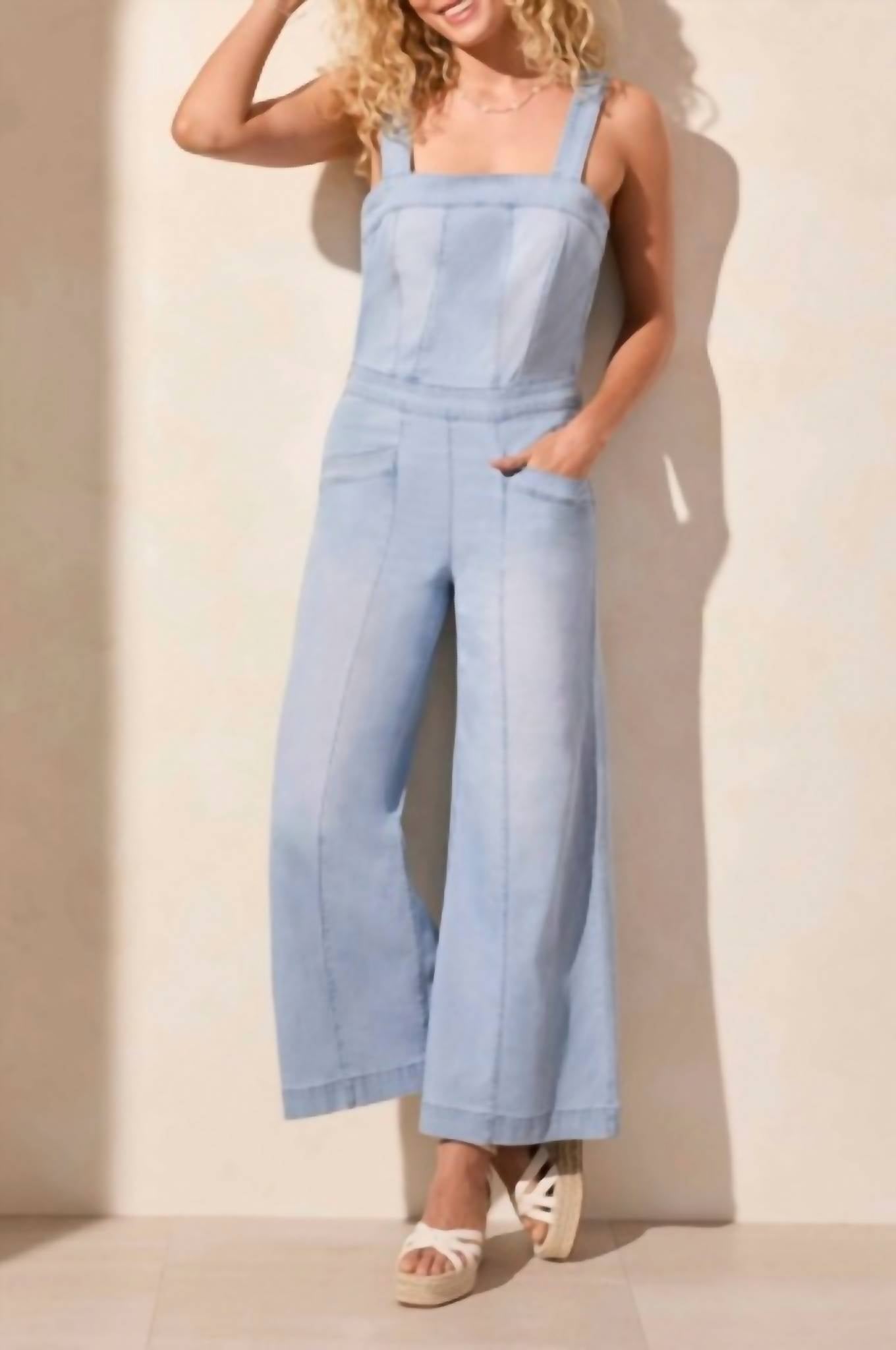 Tribal - Blue Thread Denim Jumpsuit With Adjustable Straps