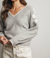 Forte - Floral Applique V-Neck Sweater