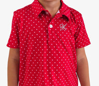RuffleButts Boy's Heart Polka Dot Short Sleeve Performance Polo in red - kids' shirt - alternate view