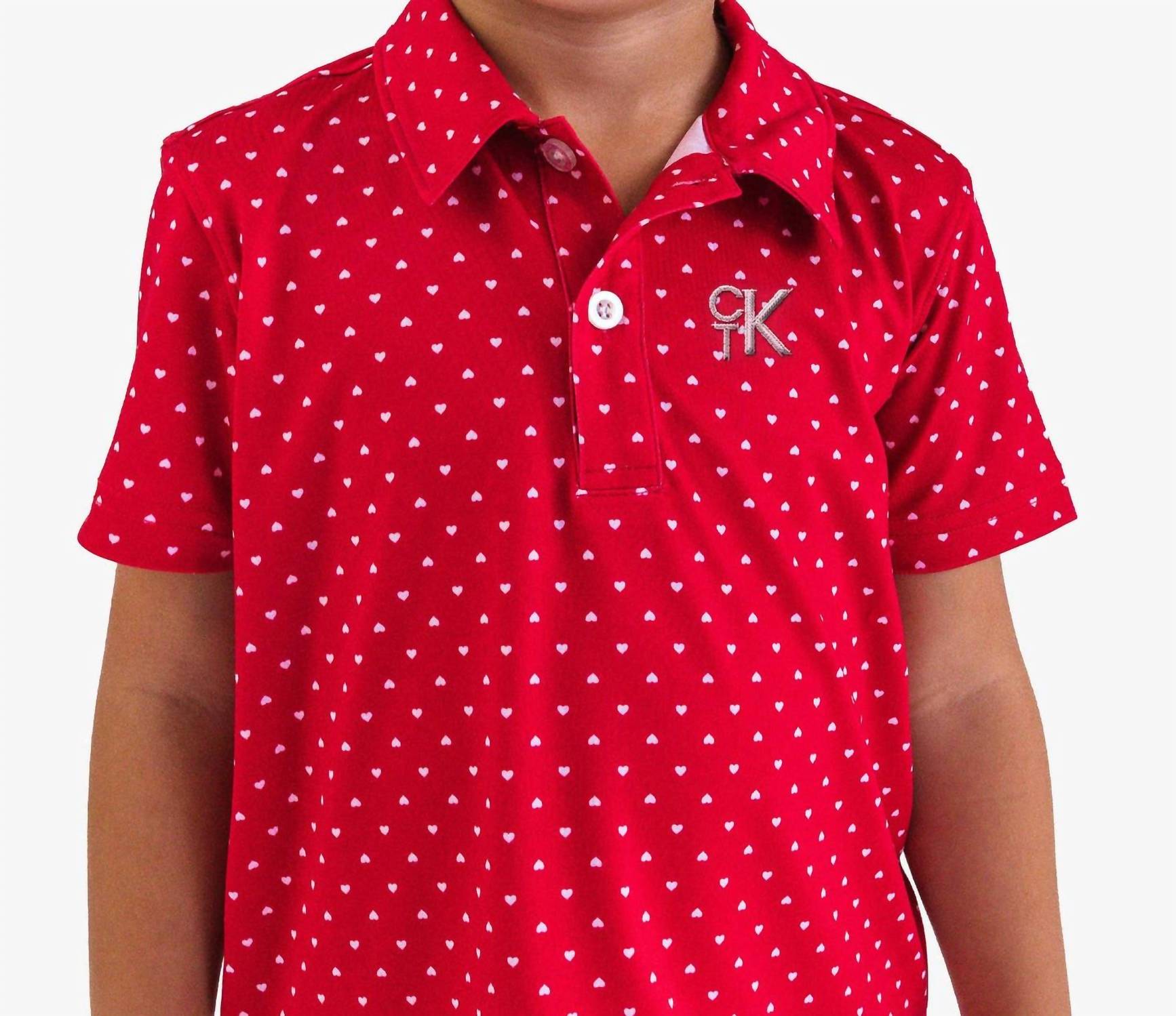 RuffleButts Boy's Heart Polka Dot Short Sleeve Performance Polo in red - kids' shirt - alternate view