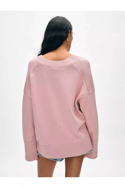 White + Warren - Organic Cotton Rib Trim Oversized V Neck Sweater