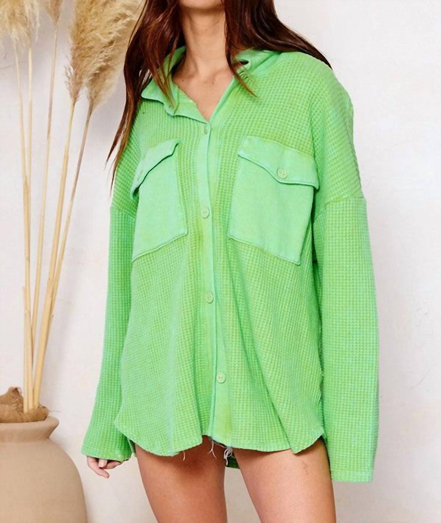 BUCKETLIST Vintage Wash Waffle Knit Shacket in green - women's shirt - detail view