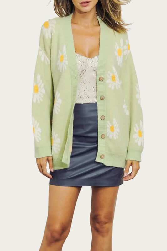 RETRO FLORAL KNIT BUTTON-FRONT CARDIGAN