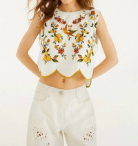 Farm Rio - Lemon Bouquet Wavy Hem Sleeveless Blouse