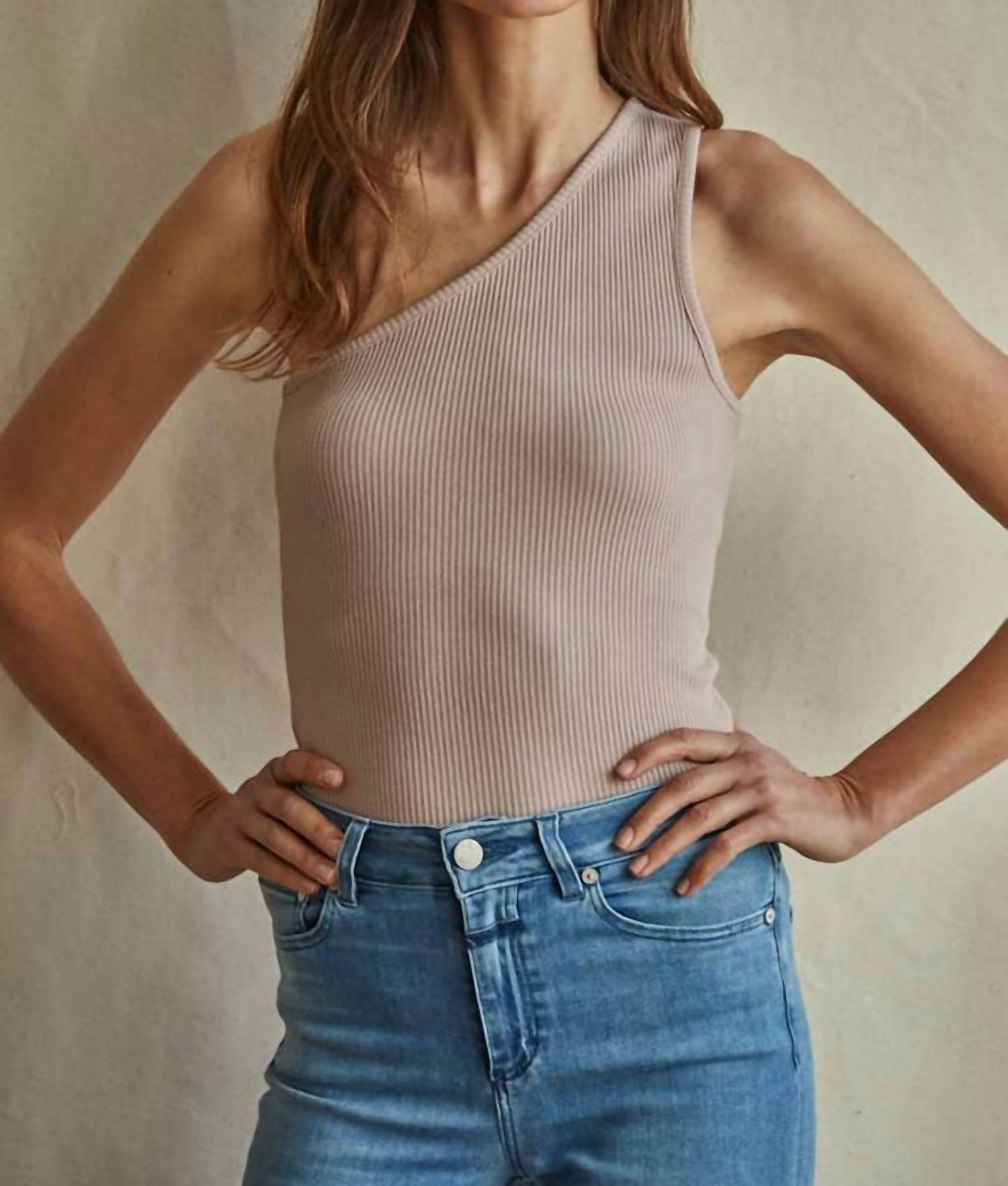 By Together One Shoulder Fitted Ribbed Crop Top in mocha - women's shirt