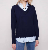 CHARLIE B Margaret Layered Poplin Sweater in navy - women's sweater