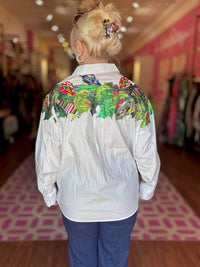 QUEEN OF SPARKLES Metallic Wreath Cotton Button Up Top in white - women's shirt - alternate view