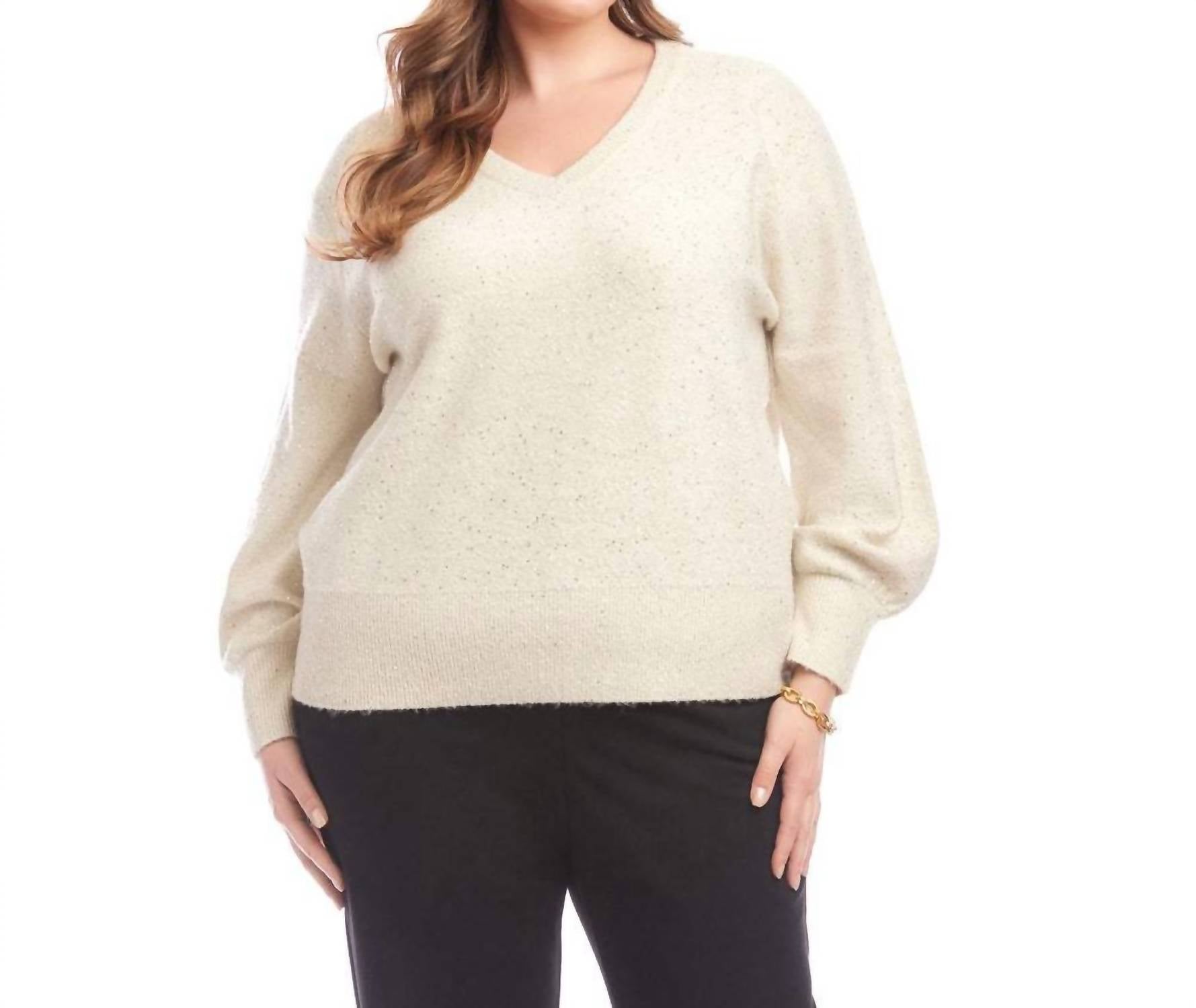 Karen Kane Sequin V-neck Sweater - Plus in sand - women's sweater