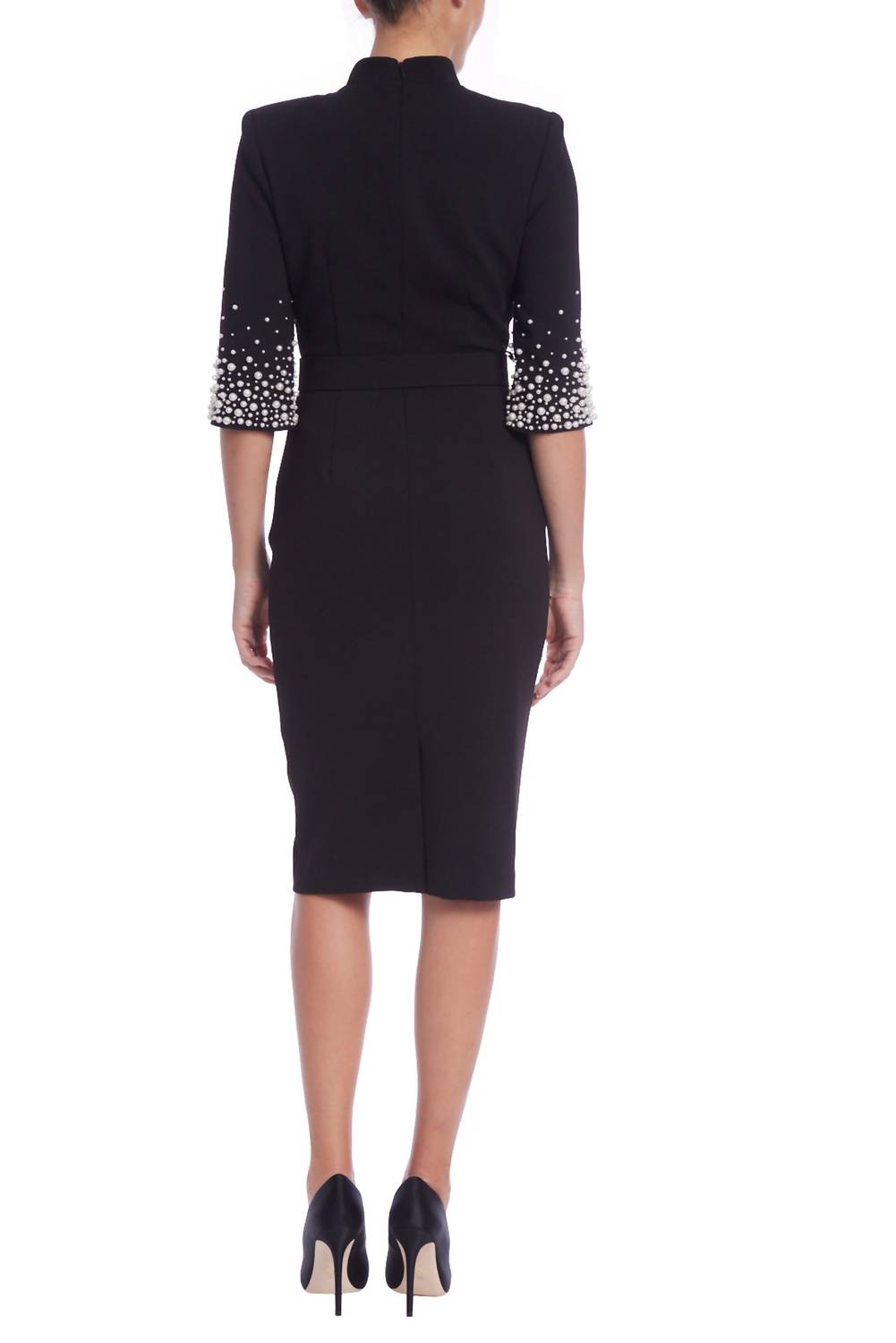 Badgley Mischka - Mock Neck Quarter Sleeve Crepe Silhouette Dress