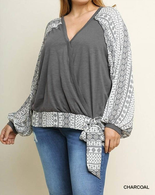 Surplice Printed Puff Sleeves Plus Top