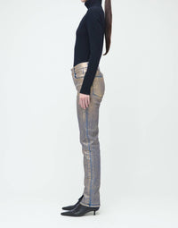 SIMKHAI Rae High Rise Ankle Skinny Pant in matte gold - women's jeans - detail view