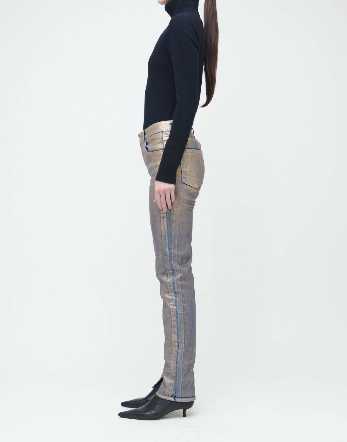 SIMKHAI Rae High Rise Ankle Skinny Pant in matte gold - women's jeans - detail view