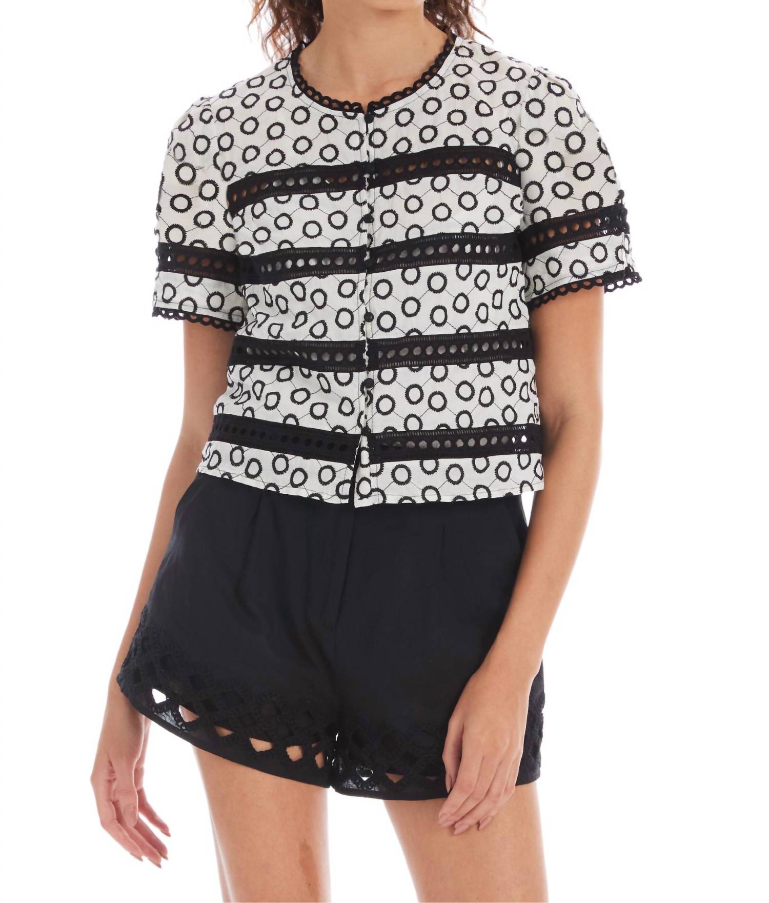 ALLISON NEW YORK Palmer Short Sleeve Top in ivory black - women's blouse