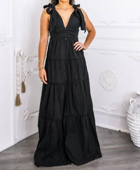 Surelymine - Tiered Maxi Dress Tie Shoulder Button Front Slit