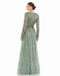 Mac Duggal - Sequined V Neck Illusion Sleeve A Line Gown
