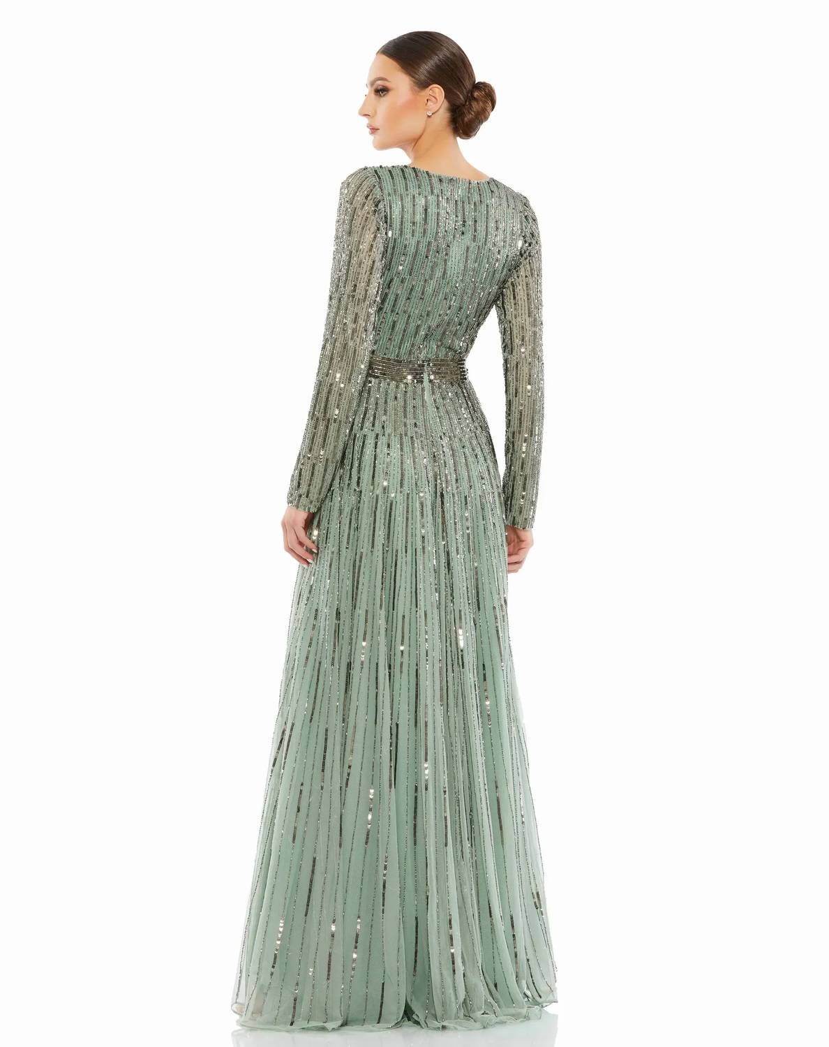 Mac Duggal - Sequined V Neck Illusion Sleeve A Line Gown