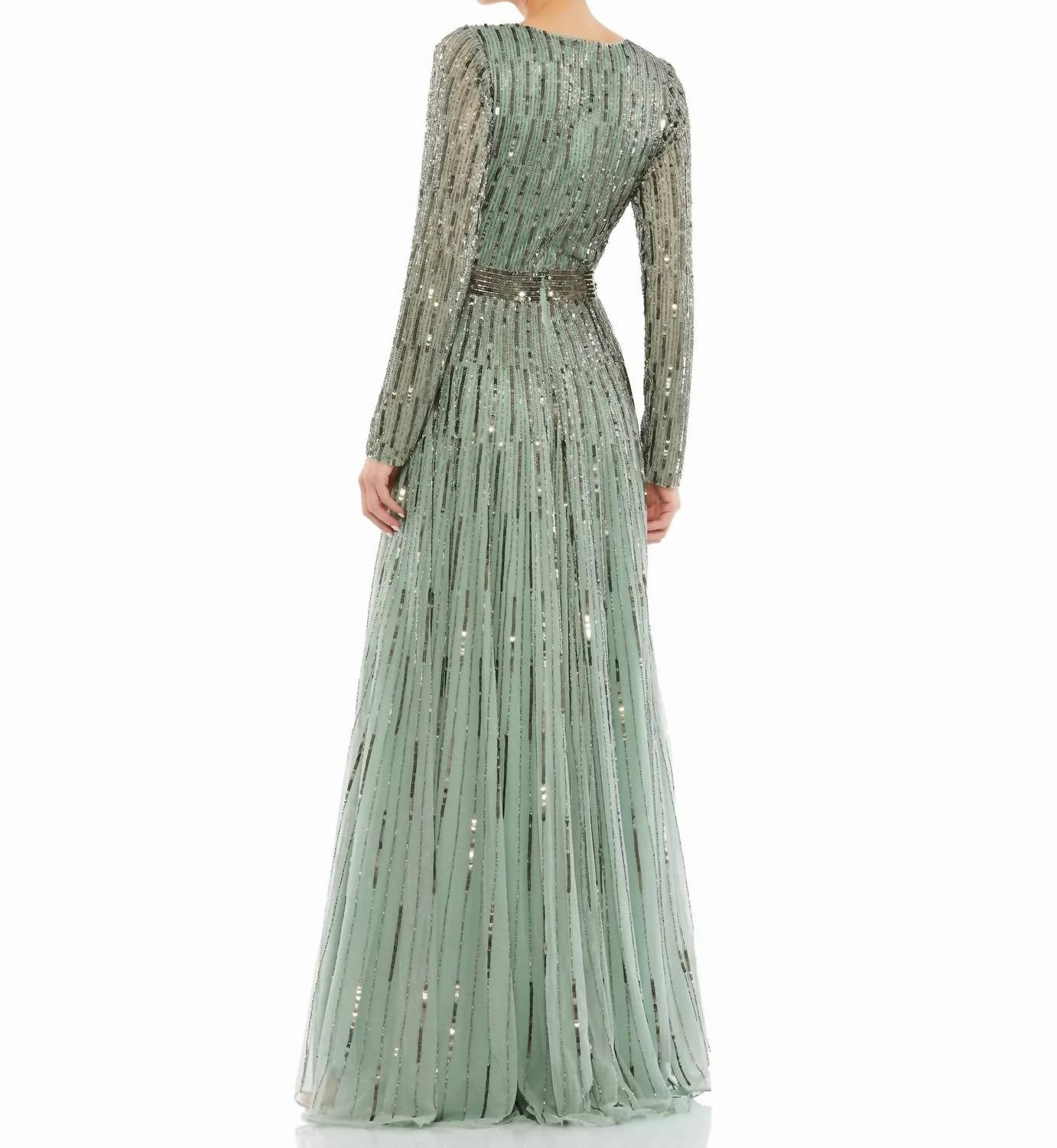 Mac Duggal - Sequined V Neck Illusion Sleeve A Line Gown