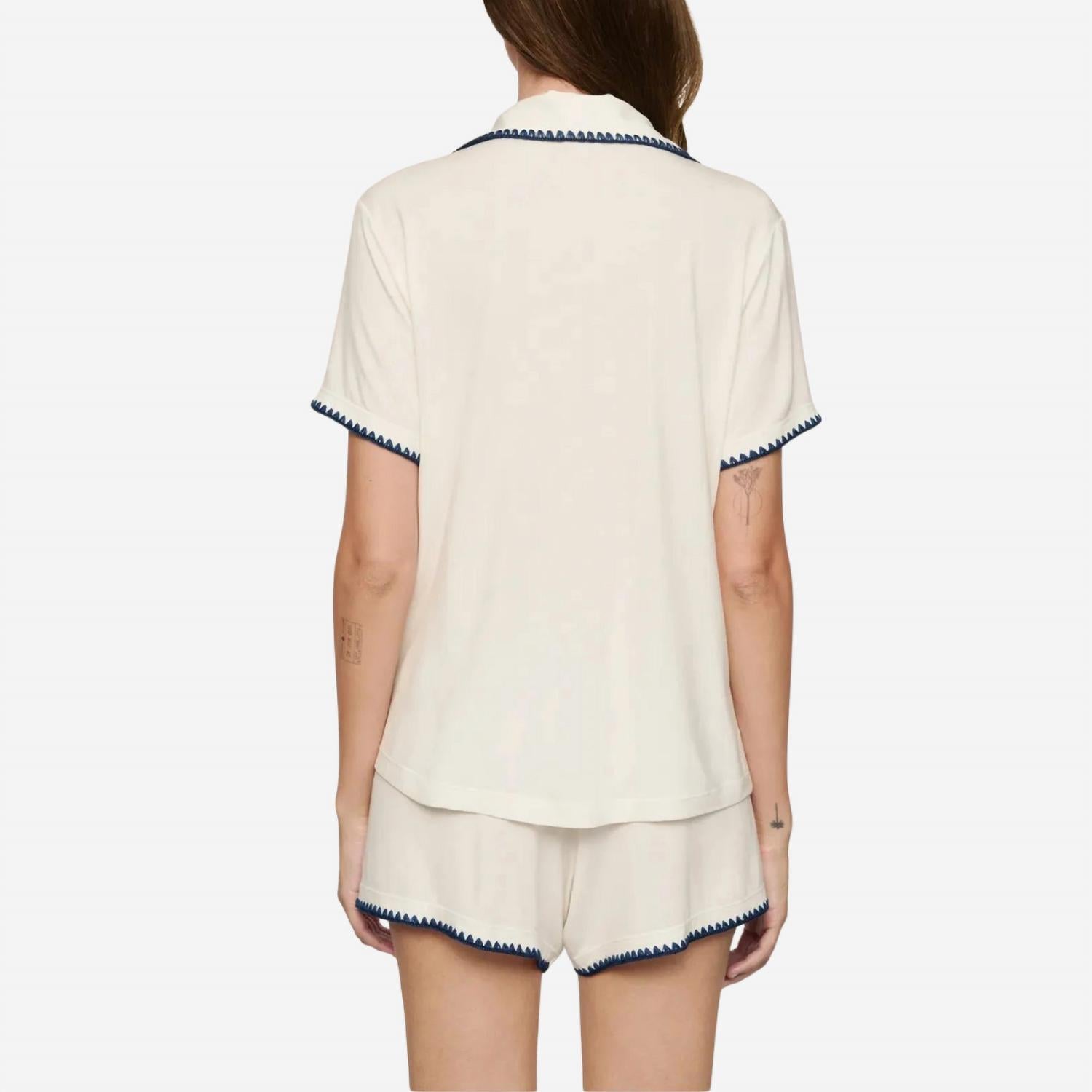 Eberjey Frida Relaxed Short Pajama Set in ivory navy - women's sleepwear - detail view