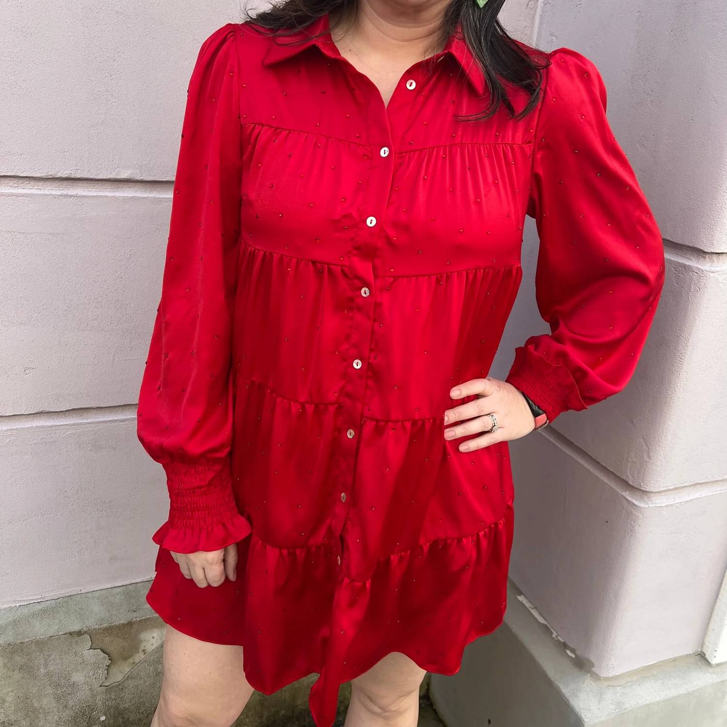 Peach Love - Rhinestone Button Down Shirt Dress