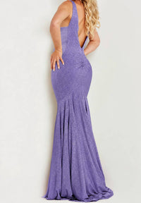 JOVANI Simple V Neck Dress in purple - women's dress - detail view