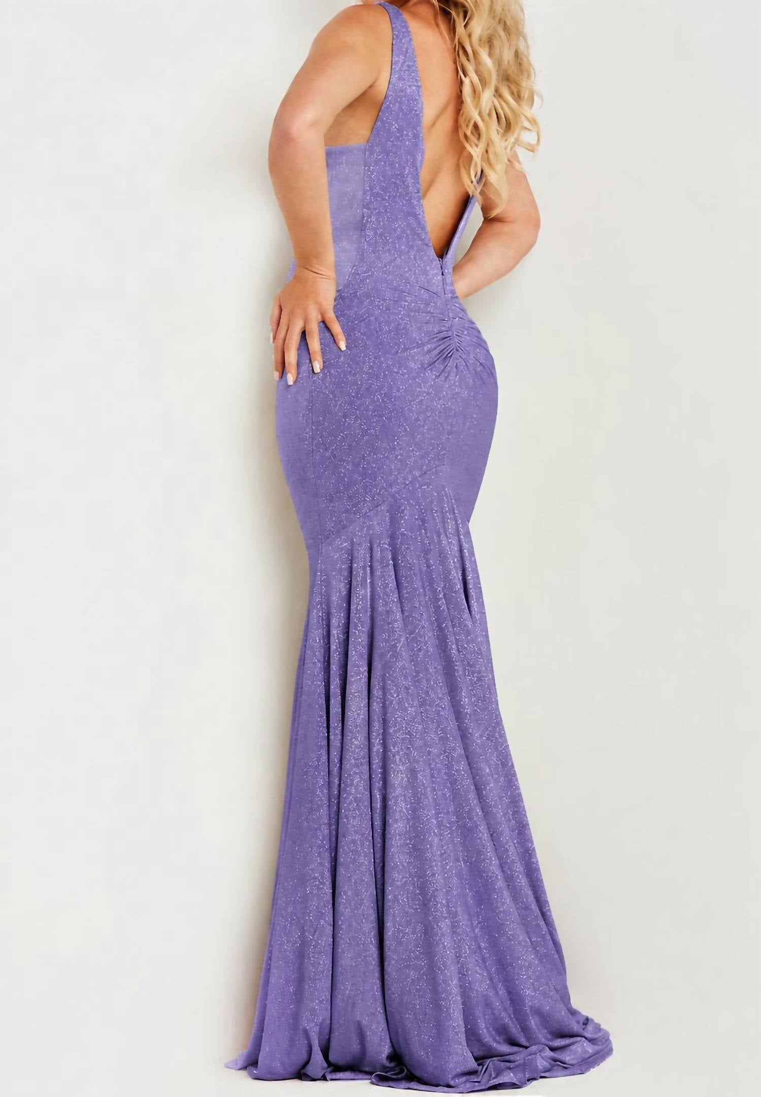 JOVANI Simple V Neck Dress in purple - women's dress - detail view