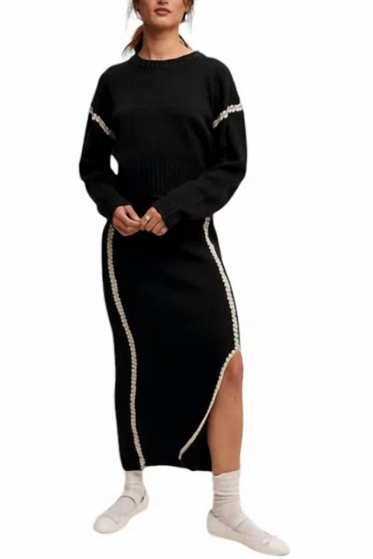 Listicle - Contrast Stitch Knit Sweater and Long Skirt Set