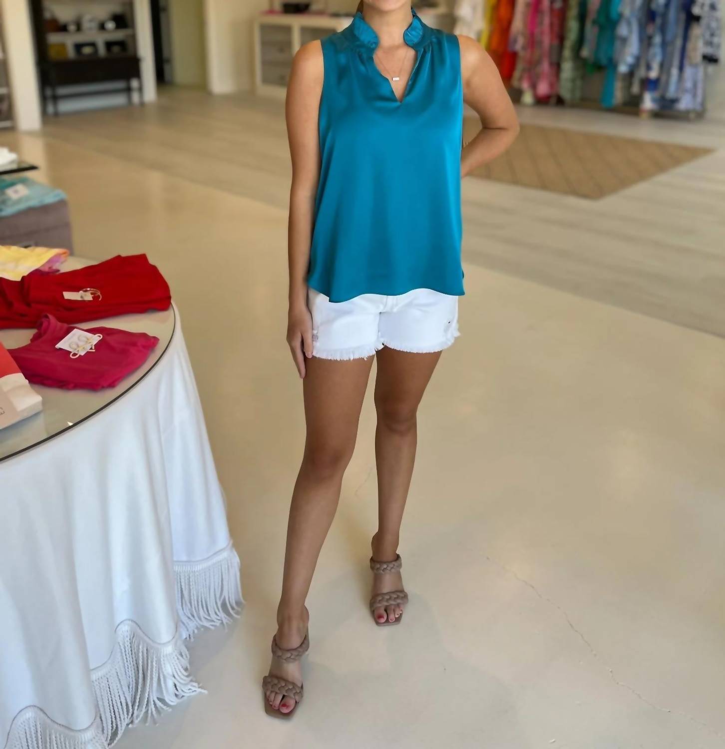 Jade - Ruffles neck shell Top