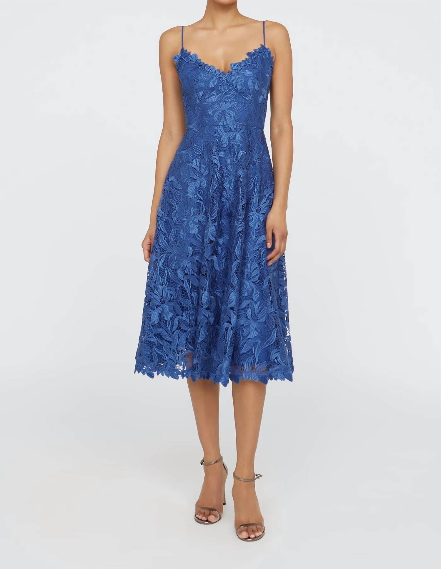 THEIA Ainslie Lace Midi Cocktail Dress in blue mirage - women's dress