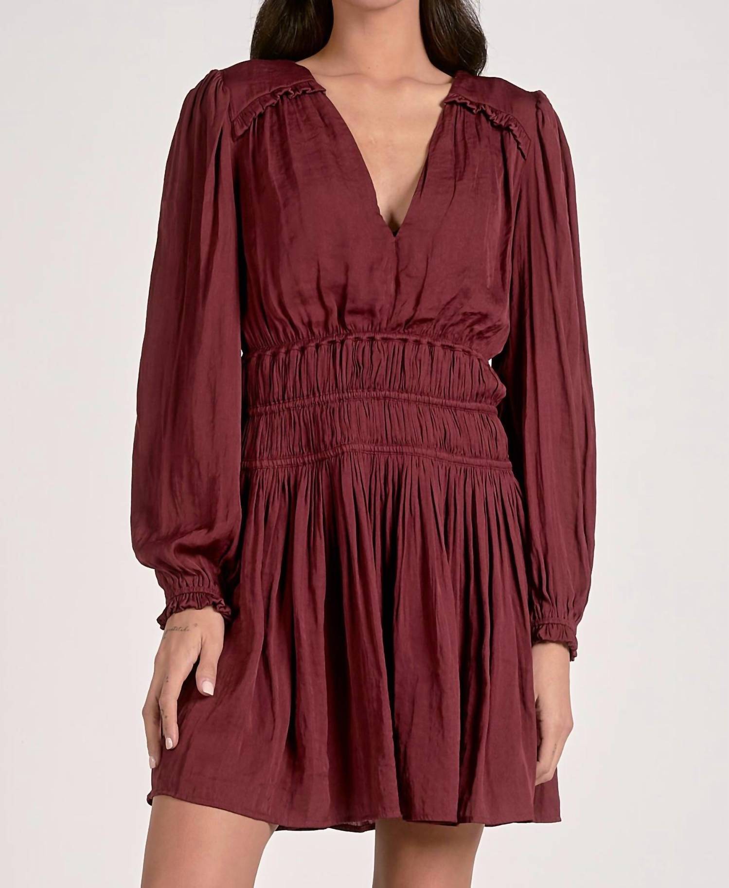 Elan - V-neck Long Sleeve Smocked Waist Dress