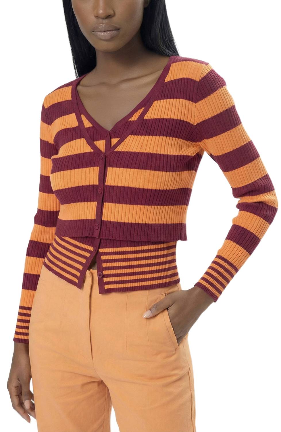 Area Stars Women's Striped Long Sleeve Knit Top in berry peach - women's cardigan - detail view