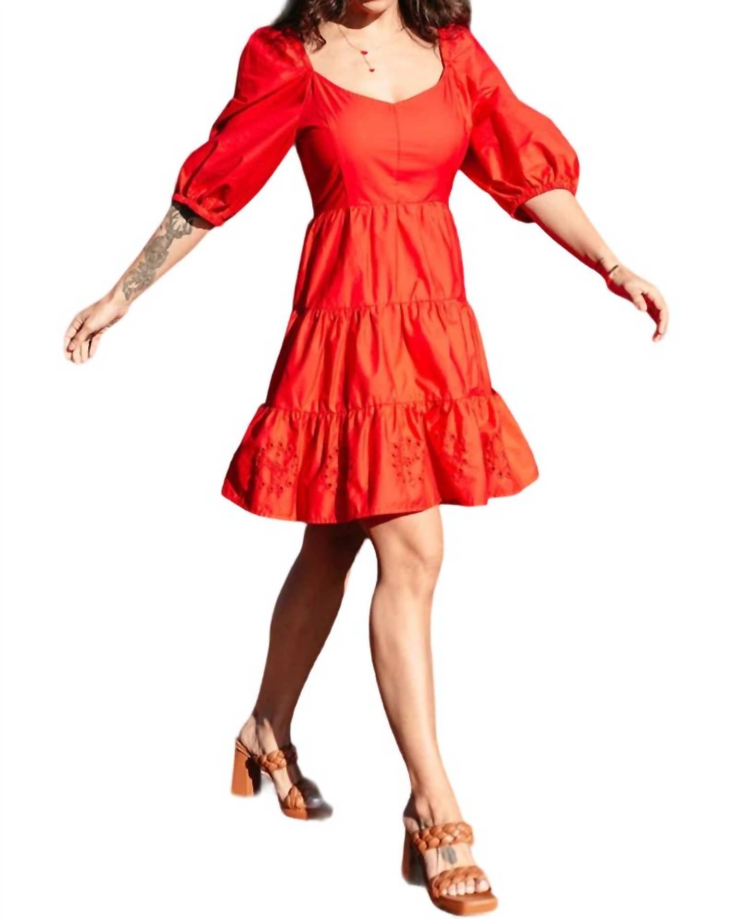Skies Are Blue - Davina Puff Sleeves Fit & Flare Eyelet Dress