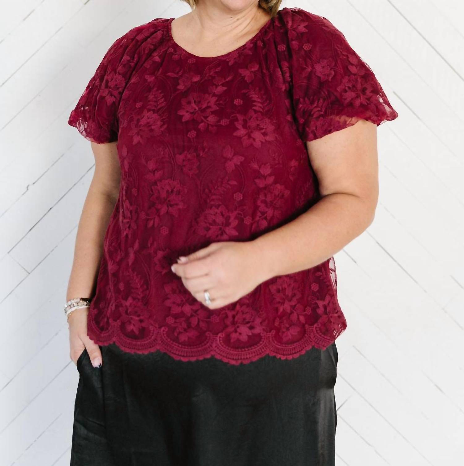Polagram Belinda Lace Top in burgundy - women's blouse