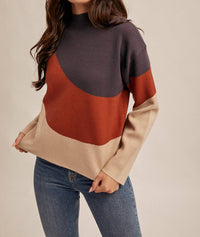Hem & Thread Color Block Wave Mock Neck Sweater in navy brick taupe - women's sweater - detail view
