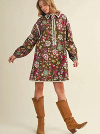 &Merci - Exclusive Print Blanket Stitch Buttoned Mini Dress